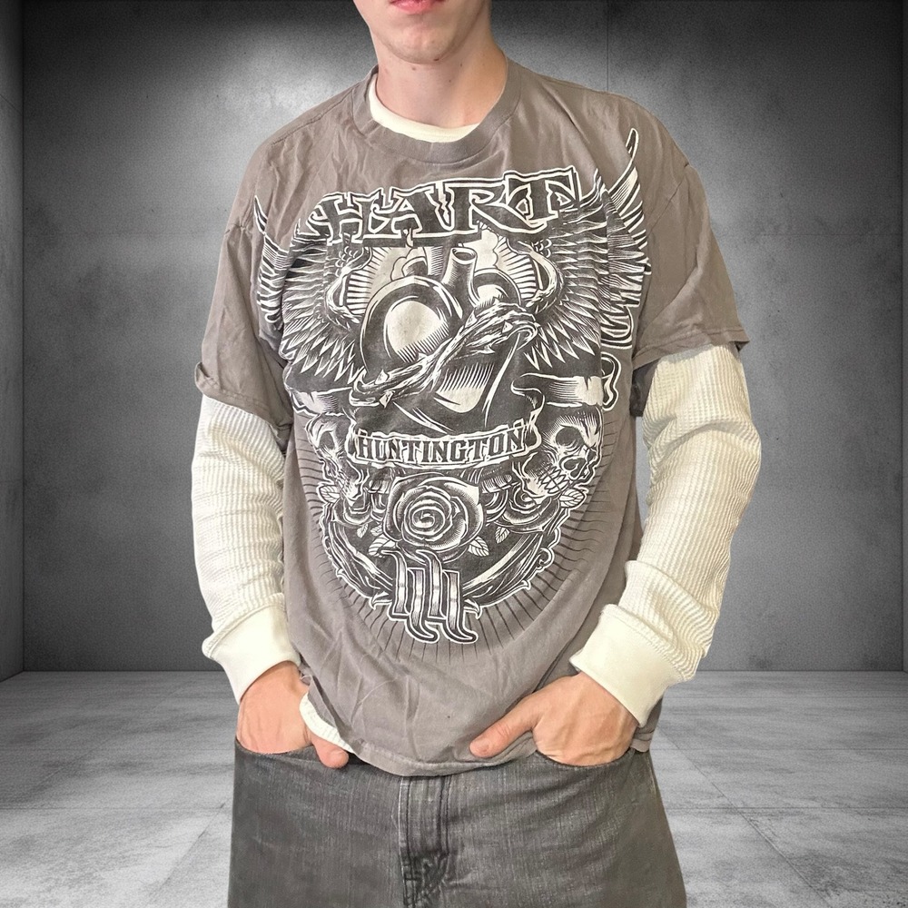 Hart and Huntington Graphic T Shirt XL Grey Y2K Biker Skater Skulls Wings 1473